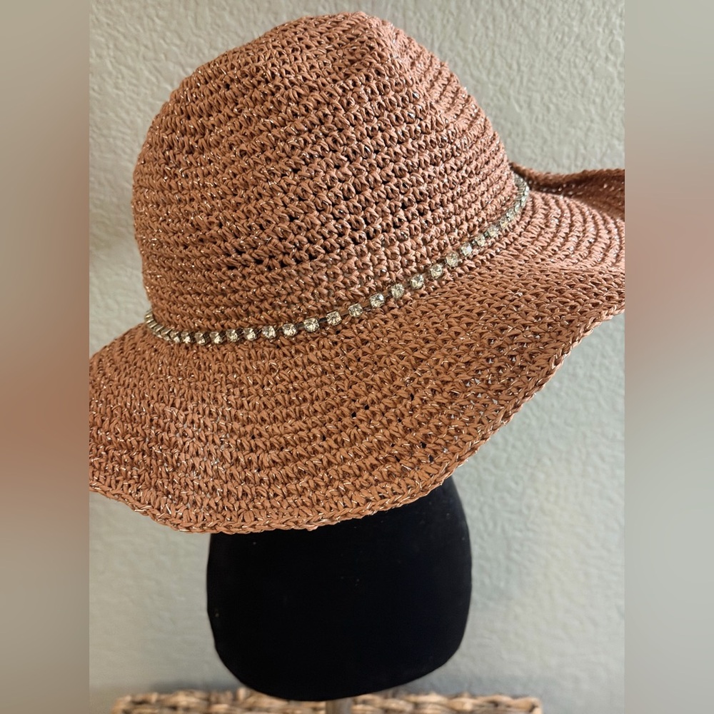 Steve Madden Brown Woven Floppy Sun Hat with Rhinestone Band
